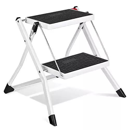 Delxo Step Stool Folding 2 Step Ladder Heavy Duty Steel Sturdy Wide Pedal Lightweight Anti-Slip Portable & Collapsible Two Stool Ladder Kitchen Closet 2 Step Stools for Adults & Kids White Ste...