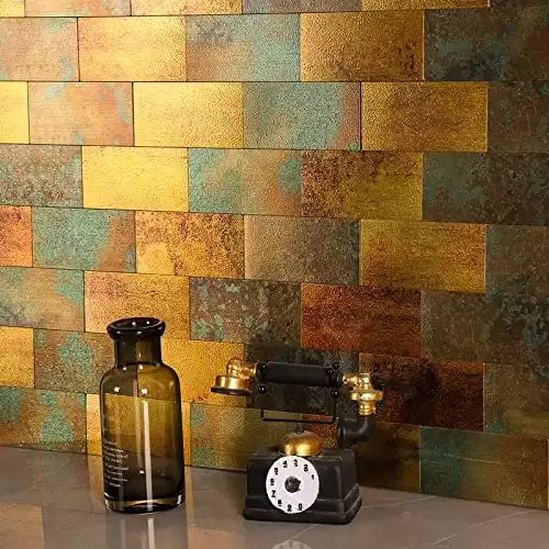 HomeyMosaic 10-Sheets Peel and Stick Backsplash Tile Metal Subway Wall Tiles Stick on Kitchen Bathroom Fireplace,Retro Copper