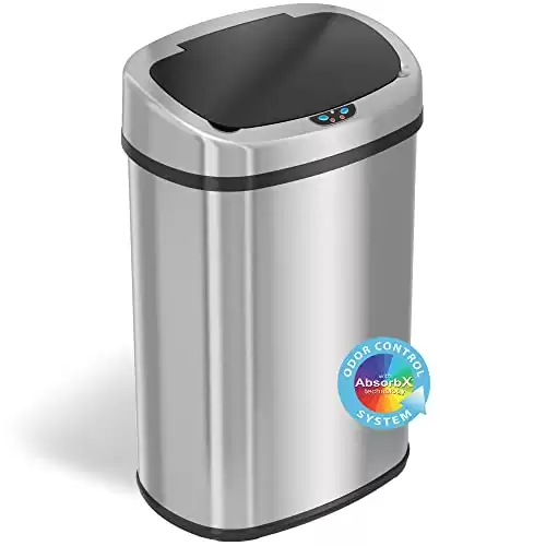 iTouchless 13 Gallon SensorCan Kitchen Trash Can with Odor Filter, Stainless Steel, Oval Shape, Sensor-Activated Lid Garbage Bin for Home, Office, Slim Space-Saving, Battery & AC Adapter not inclu...