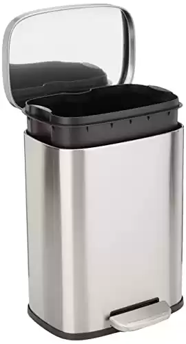 Amazon Basics Smude Resistant Small Rectangular Trash Can With Soft-Close Foot Pedal, Brushed Stainless Steel, 12 Liter/3.1 Gallon, Satin Nickel Finish