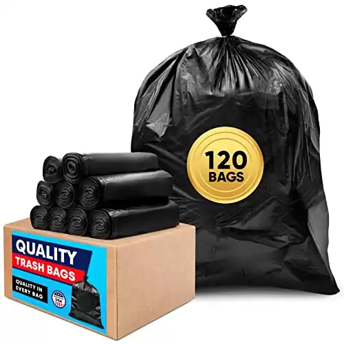 Tasker 64-65 Gallon Black Trash Bags, (120 Bags Bulk) 60 Gallon Extra Large Black Trash Bags, Large Garbage Bags