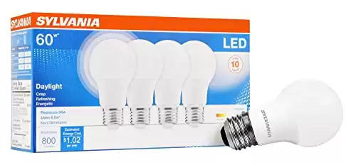 SYLVANIA LED A19 Light Bulb, 60W Equivalent, Efficient 8.5W, Frosted, 5000K, Daylight - 4 Pack (79284)