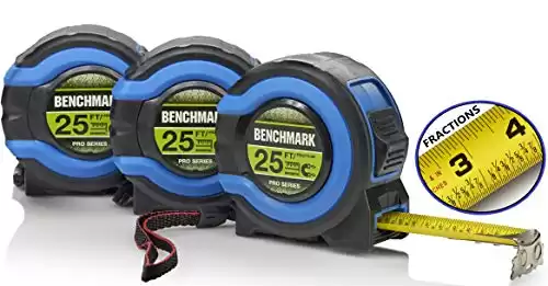 3 Pack - 25 ft Tape Measures - Easy to Read Fractions to 1/8th inch - Magnetic Claw Tip - Thumb and Quick Lock - Autowind - Belt Clip