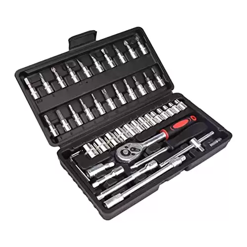 AUACDIY 46 Pieces Mechanics Tools Kit, Include Socket Set (1/6-9/16 in), Ratchet Set, 1/4 inch Drive Socket Ratchet Wrench Set, for Car Motorcycle Household Repairing, with Storage Case