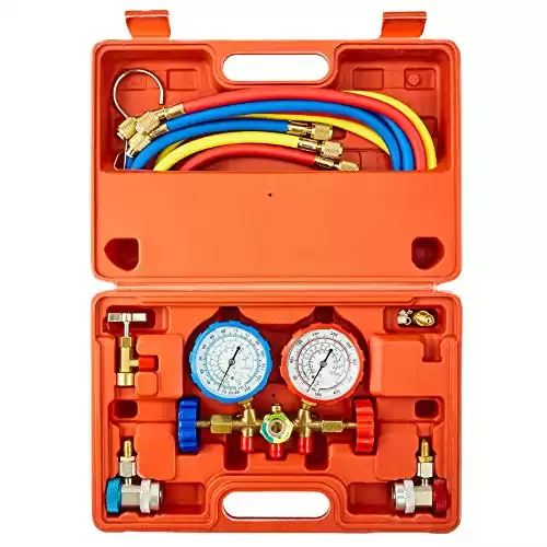 OMT 3 Way AC Diagnostic Manifold Gauge Set for Freon Charging, Fits R134A R12 R22 and R502 Refrigerants, with 5FT Hose, Tank Adapters, Adjustable Couplers and Can Tap