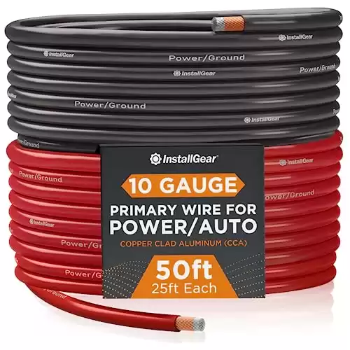 InstallGear 10 Gauge Wire (50ft) Copper Clad Aluminum CAA - Primary Automotive Wire, Car Amplifier Power & Ground Cable, Battery Cable, Car Audio Speaker Stereo, RV Trailer Wiring Welding Cable 10...