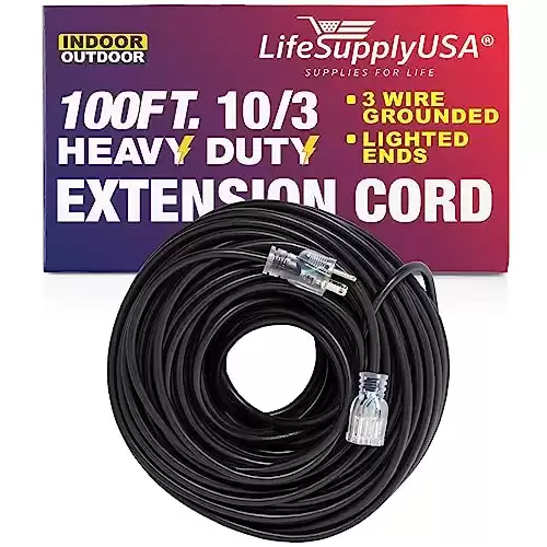100 ft Power Extension Cord Outdoor & Indoor Heavy Duty 10 Gauge/3 Prong SJTW (Black) Lighted end Extra Durability 15 AMP 125 Volts 1875 Watts by LifeSupplyUSA
