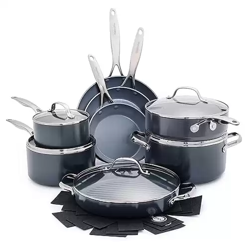 GreenPan Valencia Pro Hard Anodized Healthy Ceramic Nonstick 16 Piece Cookware Pots and Pans Set, PFAS-Free, Induction, Dishwasher Safe, Oven Safe, Gray