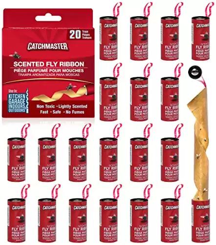 Catchmaster Fly Ribbon 20Pk, Bug & Fly Traps for Indoors and Outdoors, Premium Sticky Adhesive Fruit Fly & Gnat Hanging Strips, Bulk Scented Flying Insect Paper Rolls, Non Toxic Pest Control f...