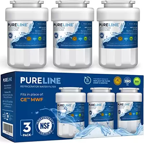 Pureline MWF Water Filter for GE® Refrigerator, Replacement for GE MWF, Smartwater MWFP, Kenmore 46-9991, Models MWFP, MWFINT, GWF, GWFA, Refrigerator Water Filter. NSF Certificate,