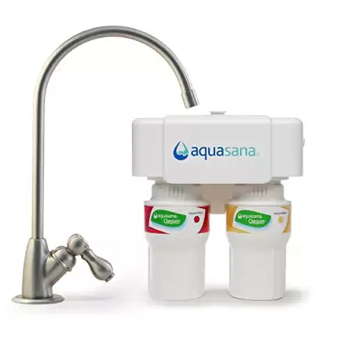 Aquasana 2-Stage Under Sink Water Filter System - Kitchen Counter Claryum Filtration - Filters 99% Of Chlorine - Brushed Nickel Faucet - AQ-5200.55