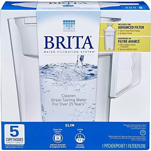 Brita Water Pitcher, Slim, Capacity, Includes One Advanced Filter, White - 5 Cup Size