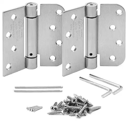 New KS Hardware Self Closing Spring Hinge | Automatic Door Hinges with Complete Installation Hardware | 4" X 4" with 1 Square & 5/8" Radius Corners | 2 Pack (Satin Nickel)