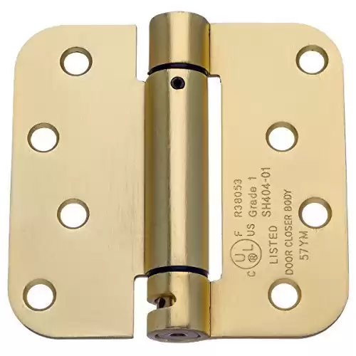 Dynasty Hardware 4 inch Spring Loaded Door Hinge Self Closing with 5/8" Radius Corners, Satin Brass - Pack of 2 Hinges