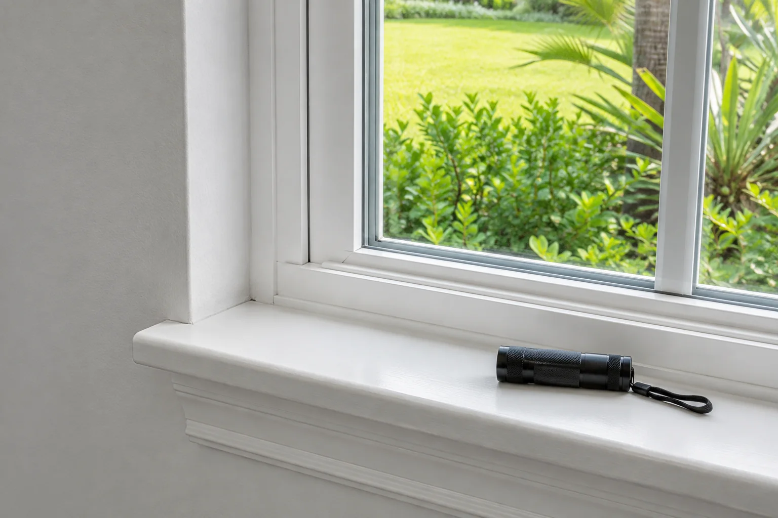 Inspection Services 5 Flashlight beside a white window sill and interior trim