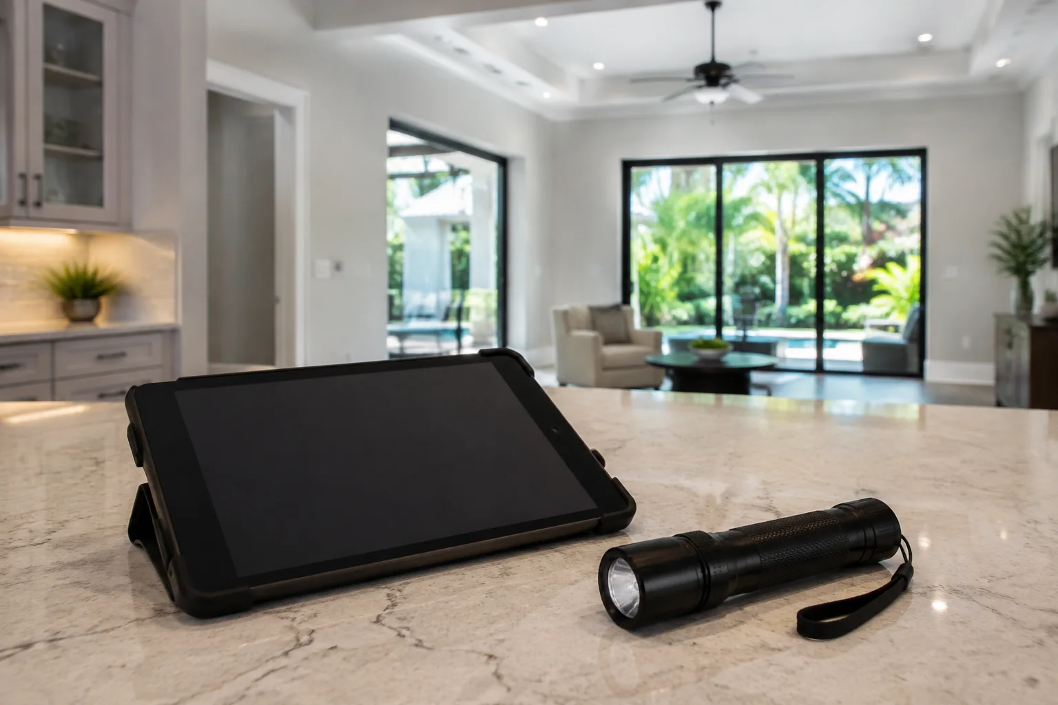 Inspection Services 2 Tablet and flashlight on a kitchen island overlooking a living room