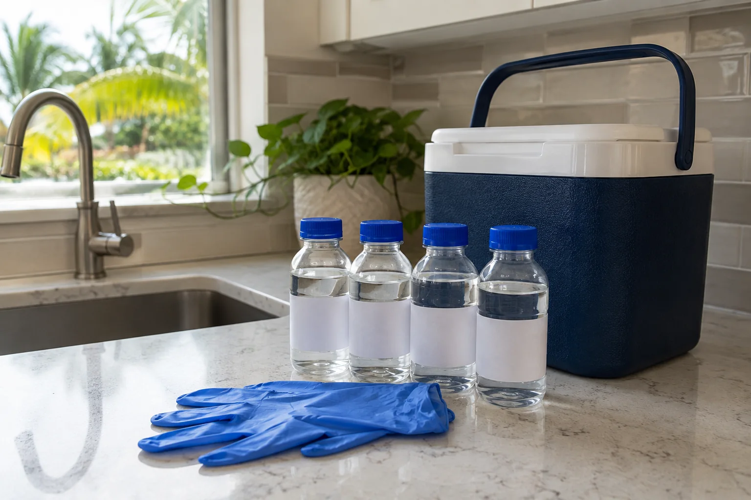 FHA/VA Water Testing 1 Sealed water sample bottles and a cooler beside a kitchen sink