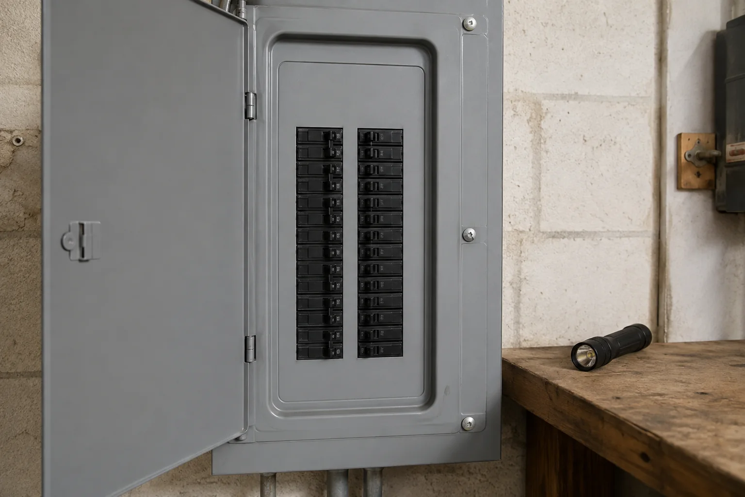 Inspection Services 8 Circuit breakers behind a panel cover with the outer door open