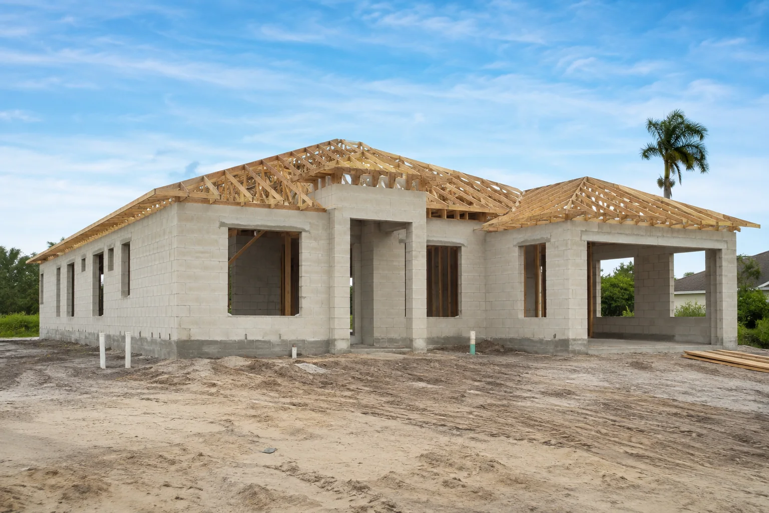 Inspection Services 4 Concrete-block house under construction with exposed timber roof trusses