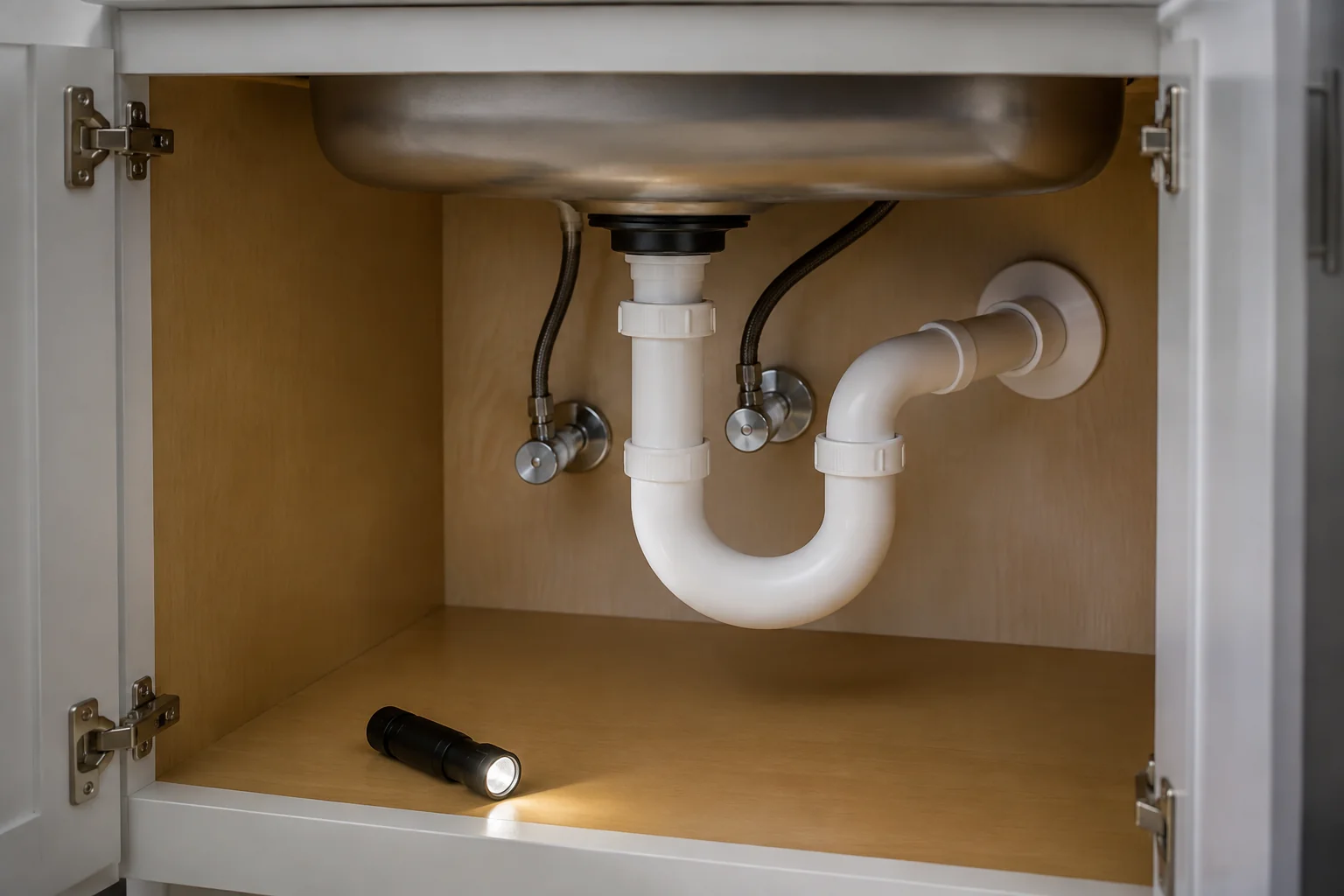 Inspection Services 6 PVC drain piping beneath a sink with a flashlight nearby