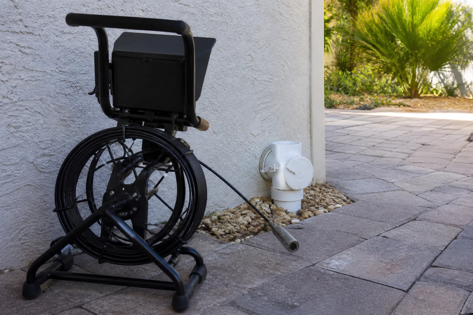 Inspection Services 10 Sewer camera reel and camera head beside an outdoor cleanout