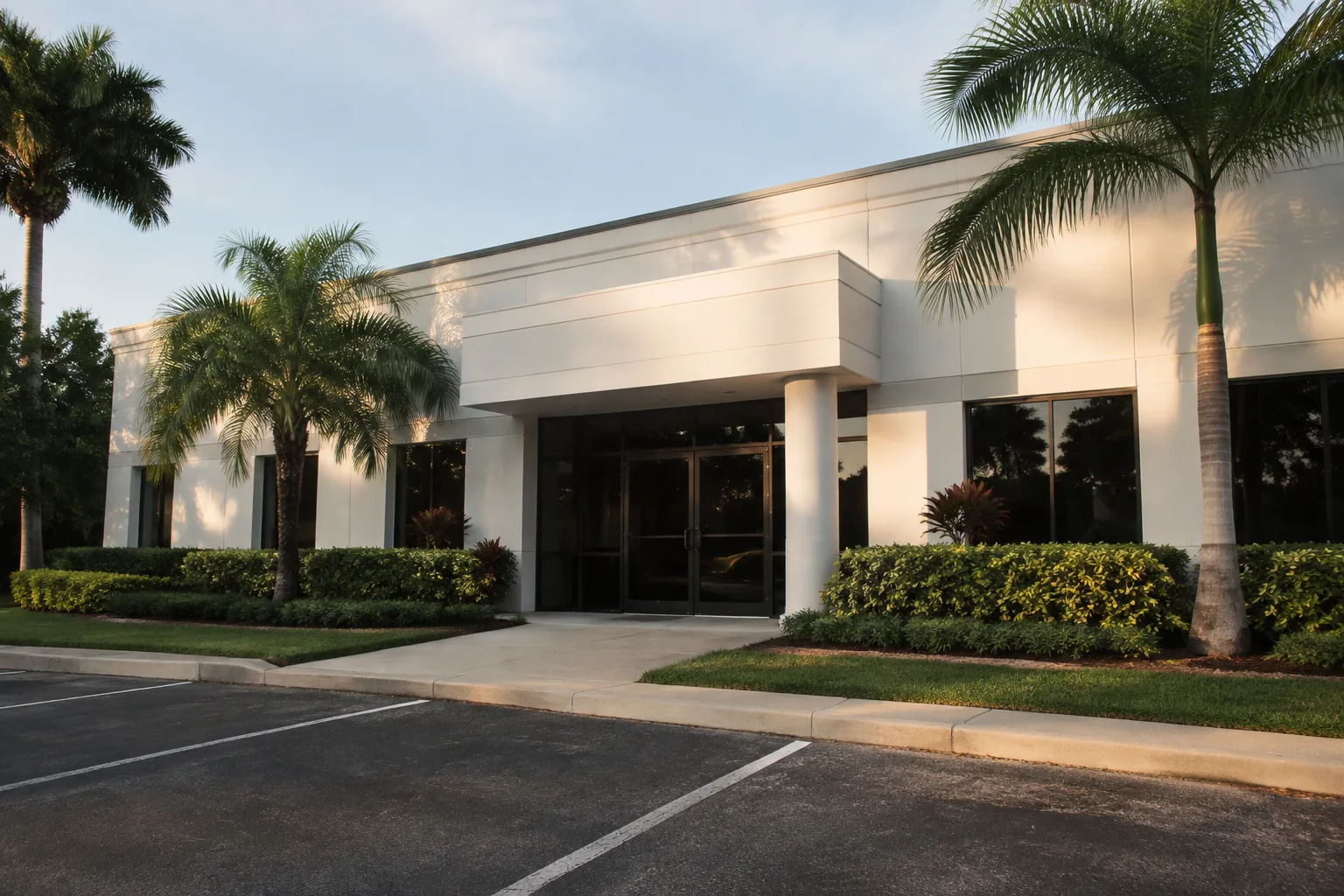 Inspection Services 14 Single-story commercial building with a shaded glass entrance and palms