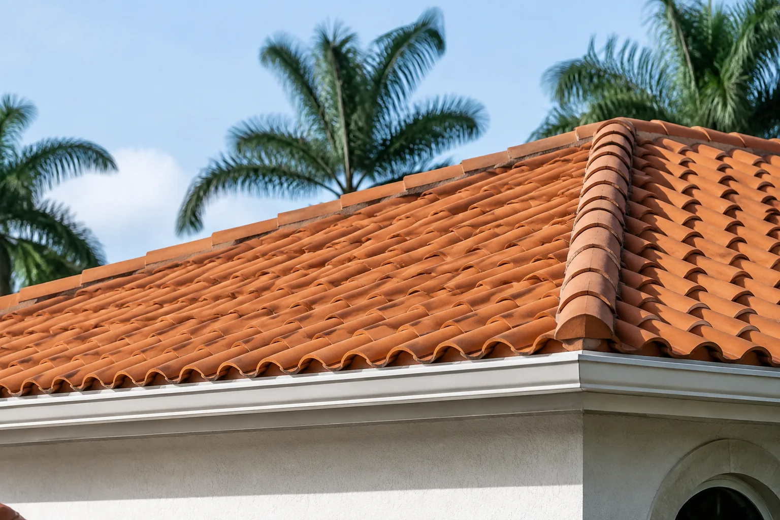 Inspection Services 9 Terracotta roof tiles and ridge above a stucco exterior