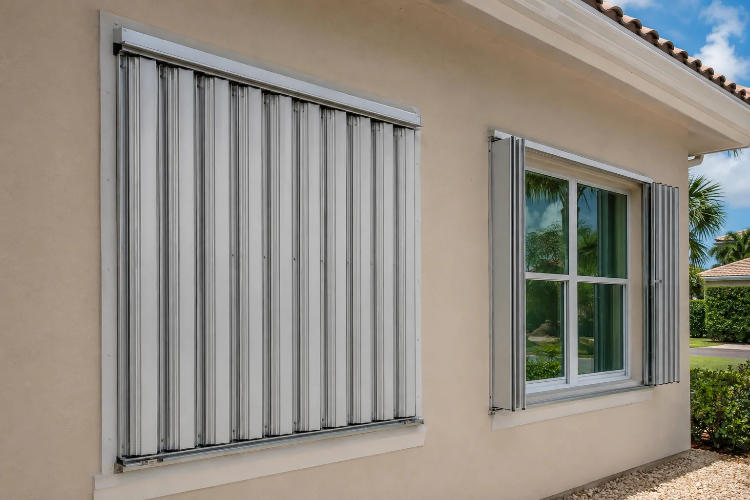 Inspection Services 7 Accordion shutters closed on one window and folded beside another